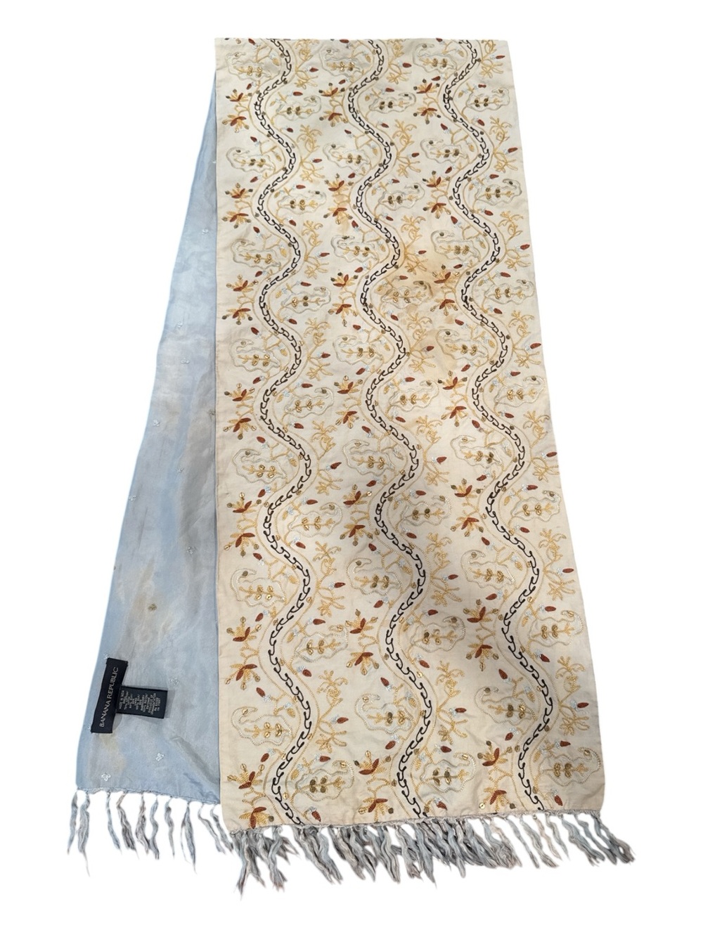 Vintage Banana Republic Embroidered Sequin Fringe Table Runner Cream Multi